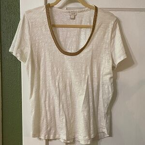J. Crew Cream Short Sleeve Scoop Tee with Gold Neck Trim